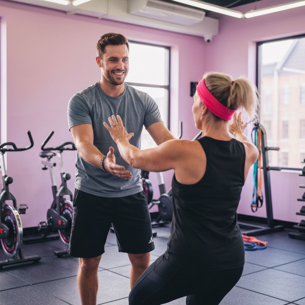 Personal trainer assisting with rehabilitation exercises
